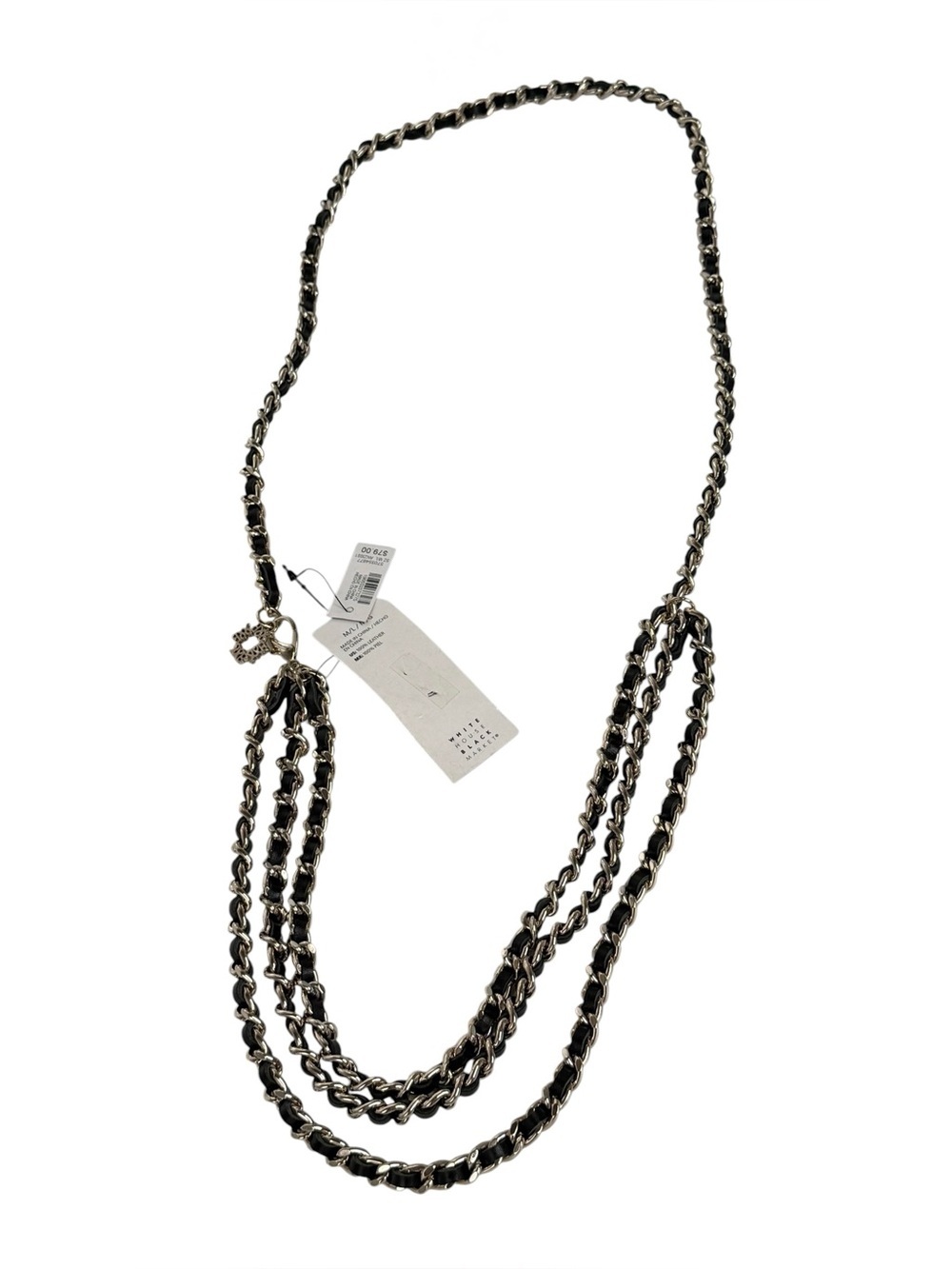 White House Black Market multi strand Black Leather silver chain link necklace